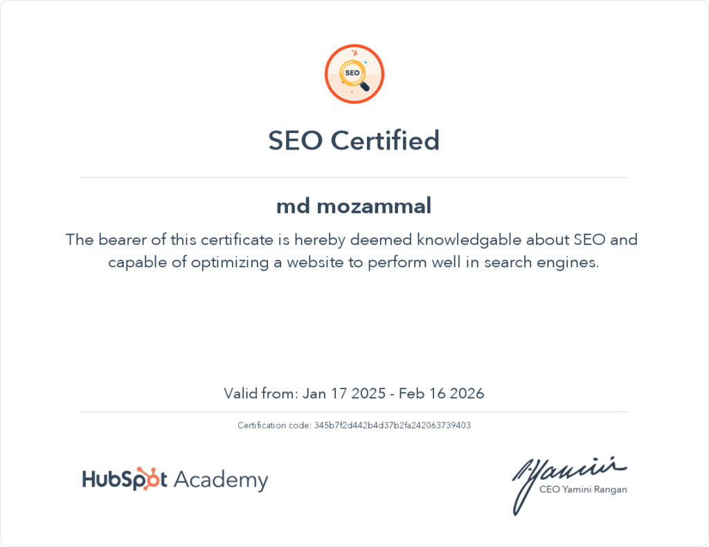 hubsport SEO certificate